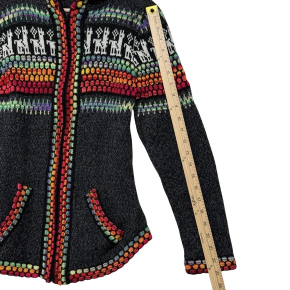 Vtg Peruvian Alpaca Llama Hoodie Sweater Rainbow Trim Boho Andean Knit Zip *flaw - Picture 4 of 8